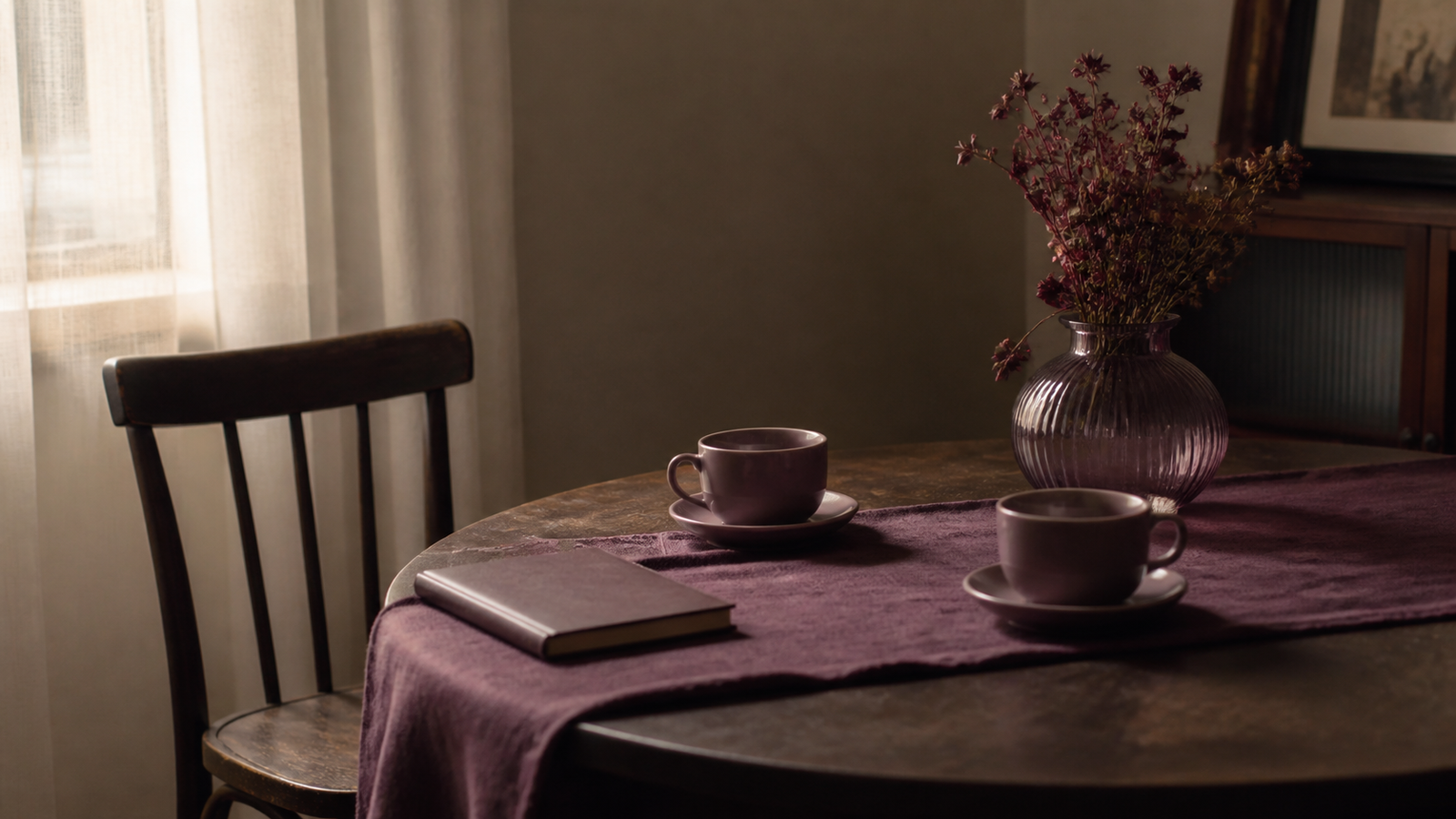 Mesa vazia com duas xícaras e uma cadeira afastada, evocando uma conversa adiada