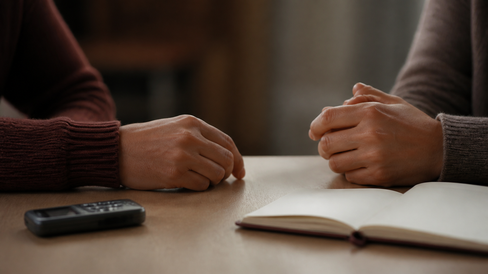 Duas mãos próximas sobre uma mesa, representando presença e escuta durante uma conversa